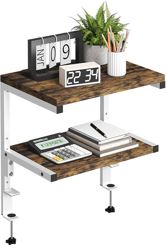 Clamp on Desk Organizer Shelf, Heavy-Duty Desk Extender Side Table with 2-Tier Adjustable Storage Shelves for Desktop Accessories, Gaming Devices, White