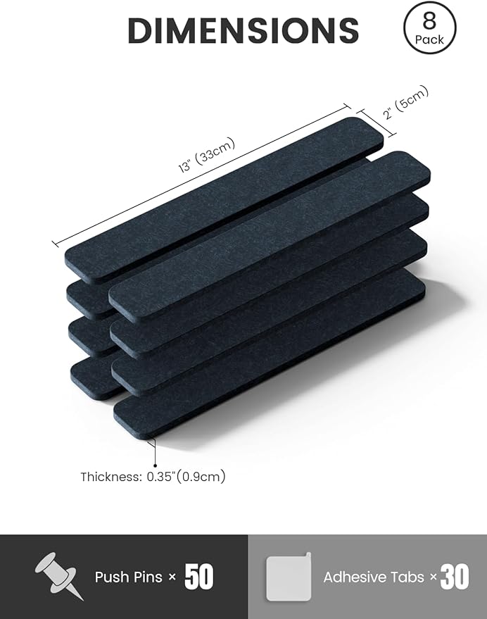 Fluxynara Cork Board Alternative Felt Strip Board 8-Pack 13"x2", Office Pin Board with 50 Push Pins, Adhesive Install for Bedroom Door & Home Office(Deep Charcoal Blue)