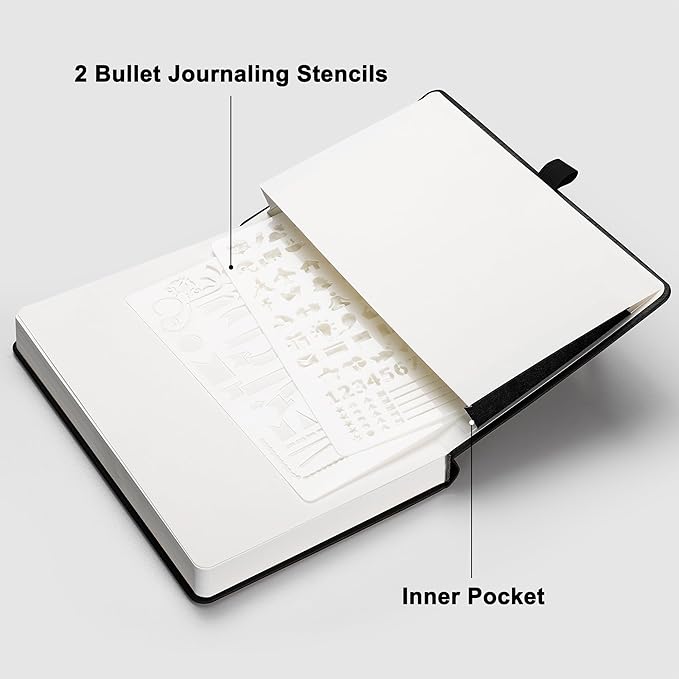 RETTACY Dotted Journal Notebook, 192 Pages, A5 Medium Size (5.7'' x 8.3''), Leather Hardcover, 100 GSM Thick Paper, for Bullet Journaling, Planning, Tracking (Black)