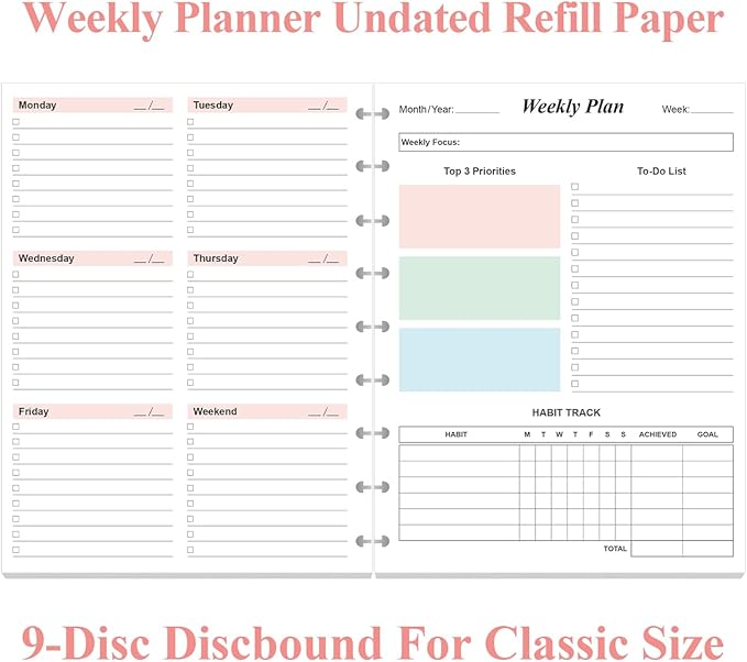 9 Disc Weekly Planner Undated Refills - Classic Size 53 Sheets/106 Pages Colorful Weekly Planner for Happy Planners Insert, 100 gsm White Paper, Lasts 1 Year, Undated, 7" x 9.25"