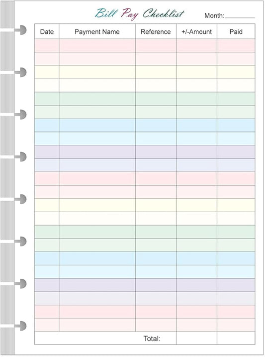Junior Size Payment Checklist Refills - 50 Sheets/100 Pages Colorful Monthly Budget Forms for 8-Disc Discbound Planners, 100 gsm White Paper, 5.8" x 8.3"