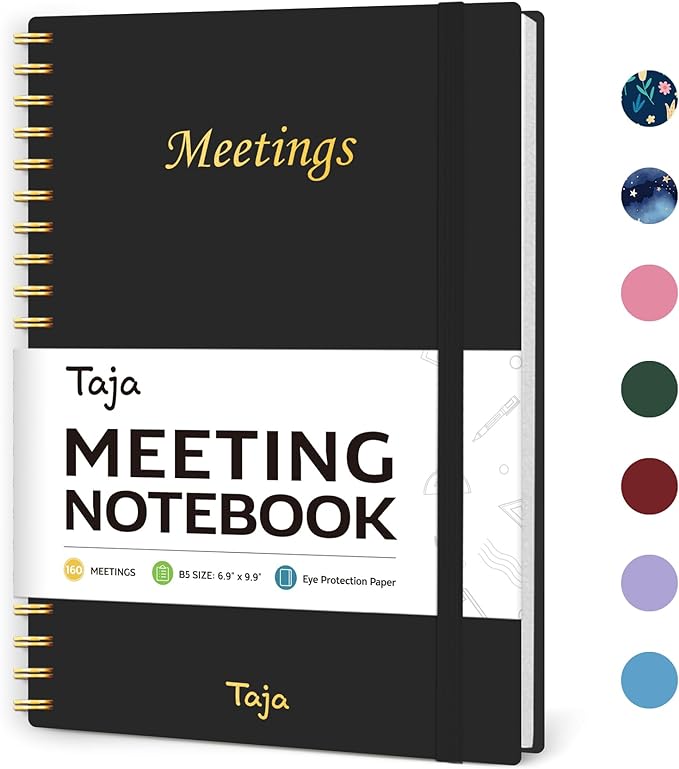 Meeting Notebook for Work Organization - Work Planner Notebook with Action Items, Agenda Planner for Note Taking, 160 Pages (6.9" X 9.9") Project Organizer for Men & Women - Black 1