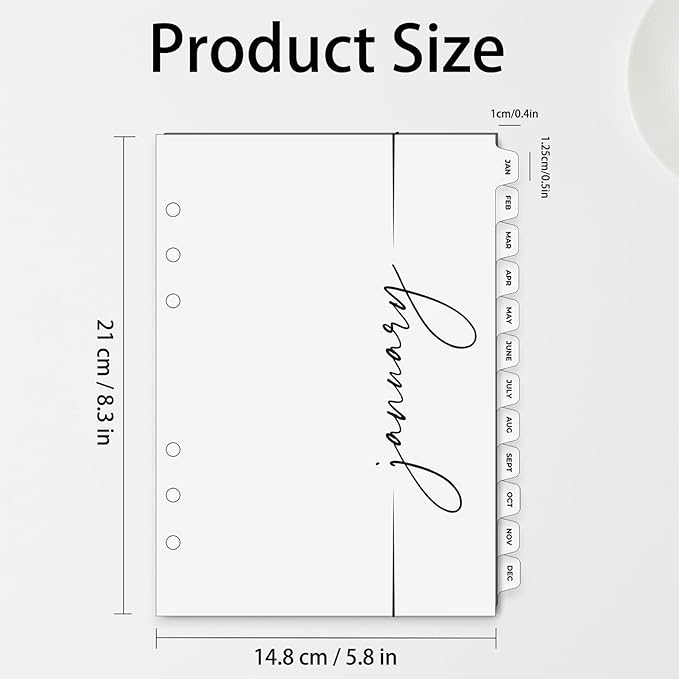 A5 Monthly Binder Index Dividers with Monthly Index Tab, 6 Holes Heavy-Duty Paper Card Dividers for Journals, Binders, Notebooks, Planners 8.2”x5.8”