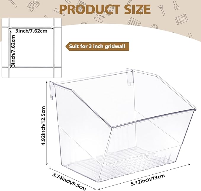 4 Pack Gridwall Baskets Hanging Gridwall Clear Acrylic Grid Wall Panels Bins Applicable to 3-inch Grid Board for Organizing Storage Display Kitchen Home Office Garage Bathroom(Classic Style)