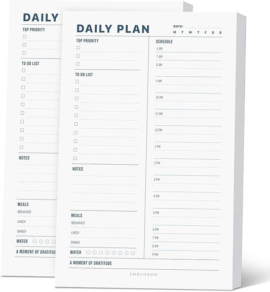 Daily Planner Notepad, 5.5 x 8.5" Tear-Off Pad – 70 Undated Sheets Focus-Enhancing Desktop Organizer with Hourly Schedule, To-Do List for Work, School (White, Minimalist, 2 Pack)