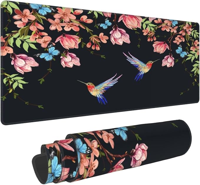 Hummingbirds and Flowers Large Mouse Pad with Stitched Edges Long Non-Slip Rubber Base Mousepad Laptop Keyboard Mat Desk Pad for Office Home Desk Decor, 31.5" X 11.8"