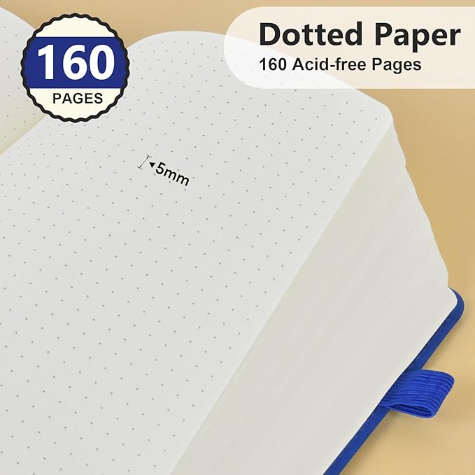 Dotted Journal Notebook for Men & Women, 160 Pages Dot Grid notebook for Note Taking, Bullet Journaling Notebook for Work, School, Travel, Writing, A5 Hardcover 5.9" x 8.5" (Navy)
