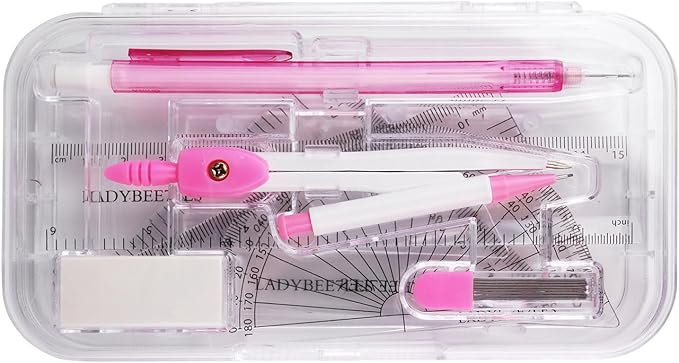 9-piece set back-to-school kit , packed in a reusable plastic box,two triangles, a protractor, a 15-centimeter ruler, a compass, a mechanical pencil with extra lead, and an eraser.