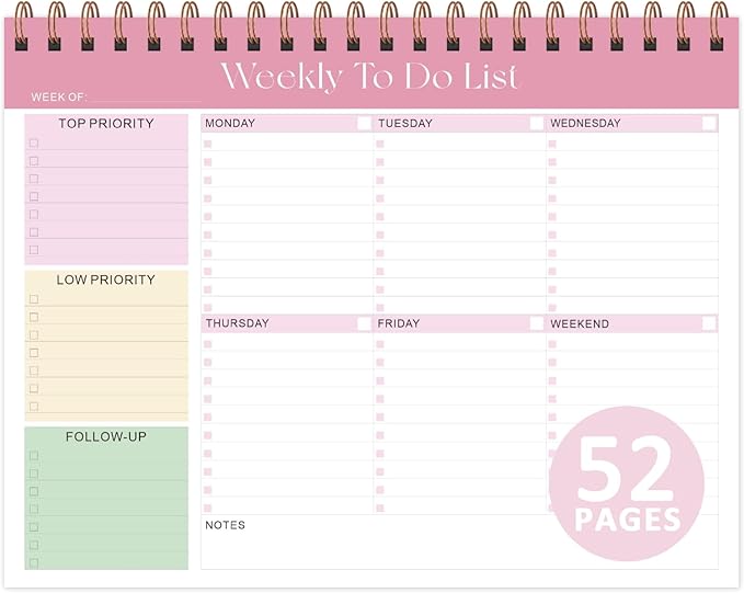 Weekly To Do List Notepad with 52 Undated Sheets (8.5"×11"), Desk Weekly Planner Notepad for Office Desk Accessories and School Supplies (Pink)