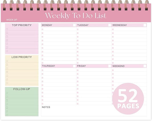 Weekly To Do List Notepad with 52 Undated Sheets (8.5"×11"), Desk Weekly Planner Notepad for Office Desk Accessories and School Supplies (Pink)