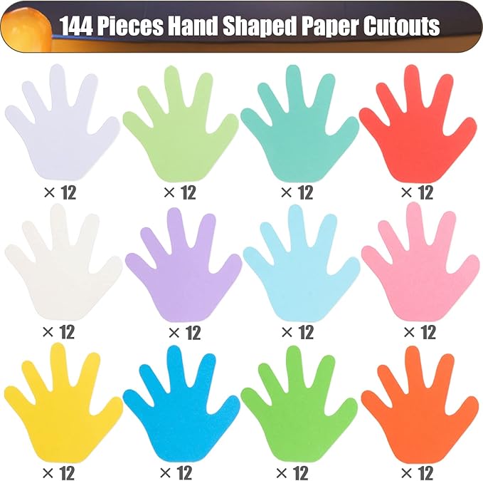 144 Pieces Hand Cutouts Paper Hand Shape Cut-Outs Assorted Color Handprint Shape Cutouts Blank Creative Paper Cutouts for Kids DIY Craft Art Project Home School Classroom Decorations