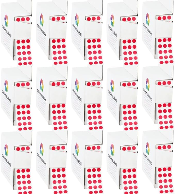 ChromaLabel 1/4 Inch Red Dot Stickers, Sticky Dots for Color Coding, Small Circle Labels for Inventory, Arts, and Office Use - 1000 Stickers in Dispenser Box, Red Labels - Case of 15