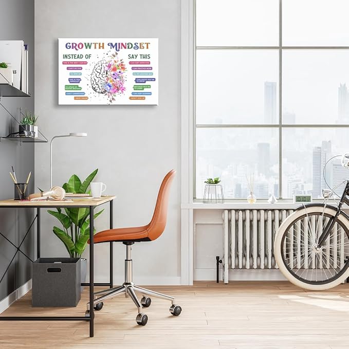 uoyien Classroom Growth Mindset Affirmations for Kids Mental Health Posters Brain Poster Psychology Special Education Calm Corner Wall Art Office Therapy Canvas Wall Decor Prints 16x24in Wrapped Canvas