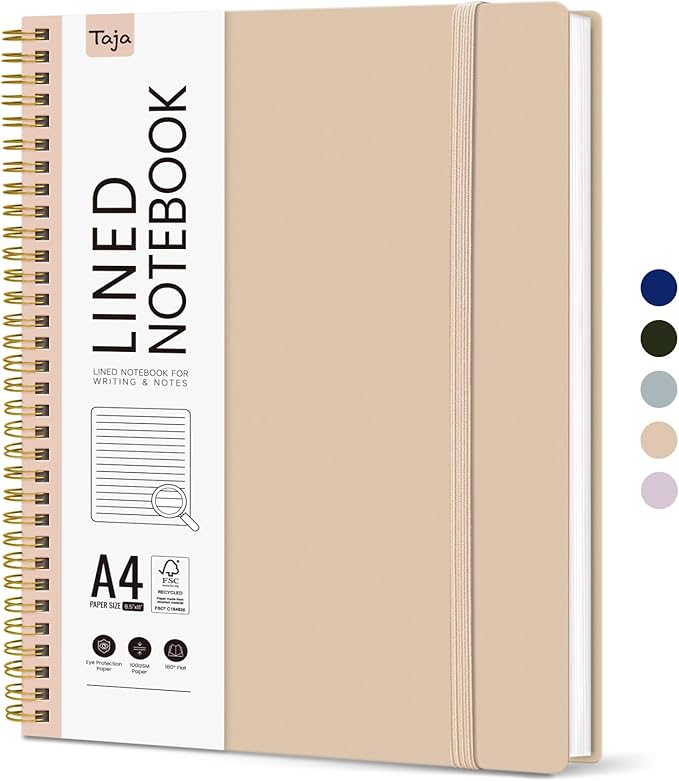 Taja Spiral Lined Notebook, 8.5"x11" Notebooks for Work, Large A4 Journal for Women & Men, College Ruled Journaling Notebook for Writing, Plastic Cover Spiral Journal, Khaki