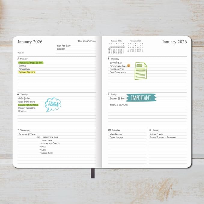 2026 Planner - Weekly and Monthly Planner, Jan 2026 - Dec 2026, Holidays, Contacts and Notes Pages, Vegan Leather Cover, Elastic Closure, 5.5”x8.25”, Grey