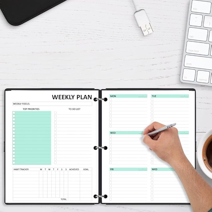 Letter Size Undated Weekly Planner Refills,53 Sheets/106 Pages Undated Colorful Weekly Planner,A4 Planner Inserts,3 Holes pouched,Weekly Plan (Left), Daily Details (Right), Lasts 1 Year, 8-1/2" x 11"
