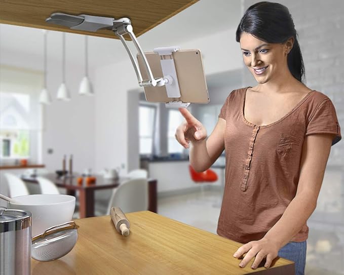 AYADA Kitchen Cabinet Tablet Holder, 2 in 1 Wall Mount Desktop Stand for ipad 12.9 Aluminum Alloy Metal Adjustable Multiangle Foldable Universal Phone Tablet Bracket Cooking Table Counter Top (Silver)