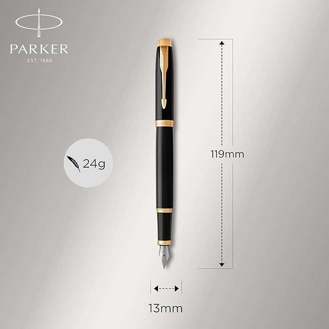 Parker IM Fountain Pen, Black Lacquer with Gold Trim, Fine Nib, Blue Ink Refill, Elegant Gift Box
