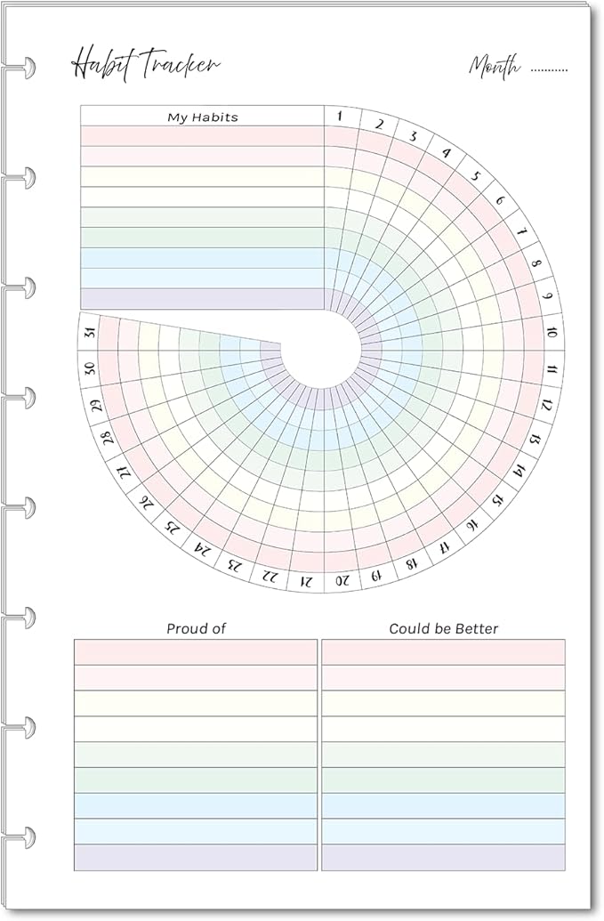 Color Habit Tracker Inserts for Discbound Planners Resolution Tracker, Habit Log, Habit Planner Fits Happy Planners TUL Staples ARC Notebook Levenger Circa NOTIQ Marta Stewart (8-Disc Half Letter)