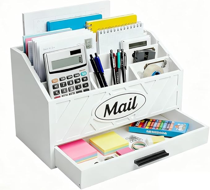 Wood Desktop Mail Organizer, Mail Organizer Countertop with 6 Compartments and Drawer, Wood Mail Holder Office Accessories for File Letter Paper Folder, White