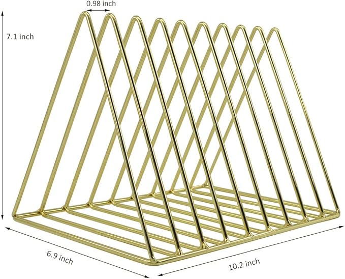 EASEPRES 9 Slot Magazine Rack Book Record Holder, Desktop Iron Storage Rack Bookshelf Multifunction Triangle File Organizer Sorter for Decor Home Office, Golden Pack of 2