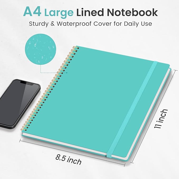 Taja Spiral Lined Notebook, 8.5"x11" Notebooks for Work, Large A4 Journal for Women & Men, College Ruled Journaling Notebook for Writing, Plastic Cover Spiral Journal, Aquamarine