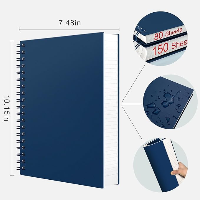 AHGXG Spiral Notebook College Ruled - Spiral Notebook Journal Large B5 7.6" x 10", 300 Pages/150 Sheets, 100GSM Thick Paper, Plastic Hardcover, for Women Men Office School, Bule