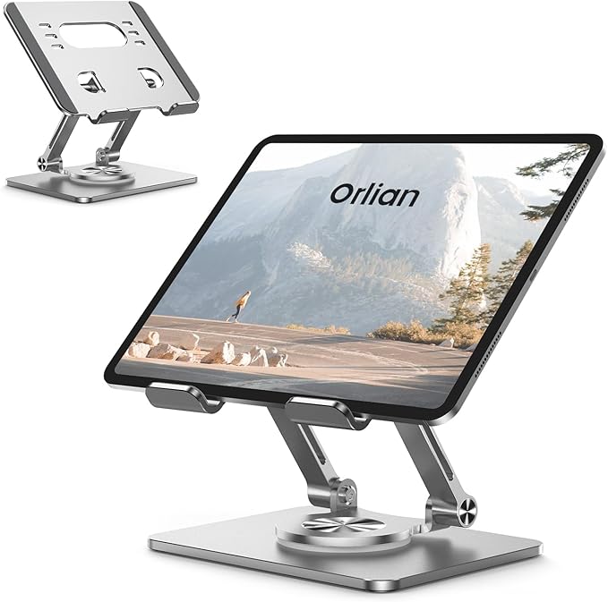 OrlianTablet Stand Holder with Thickened 360°Rotating Base Dual Rod Adjustable Aluminum Stand for All 5.8-12.9” iPad Samsung Phone Tablet Kindle E-Reader and More, Silver