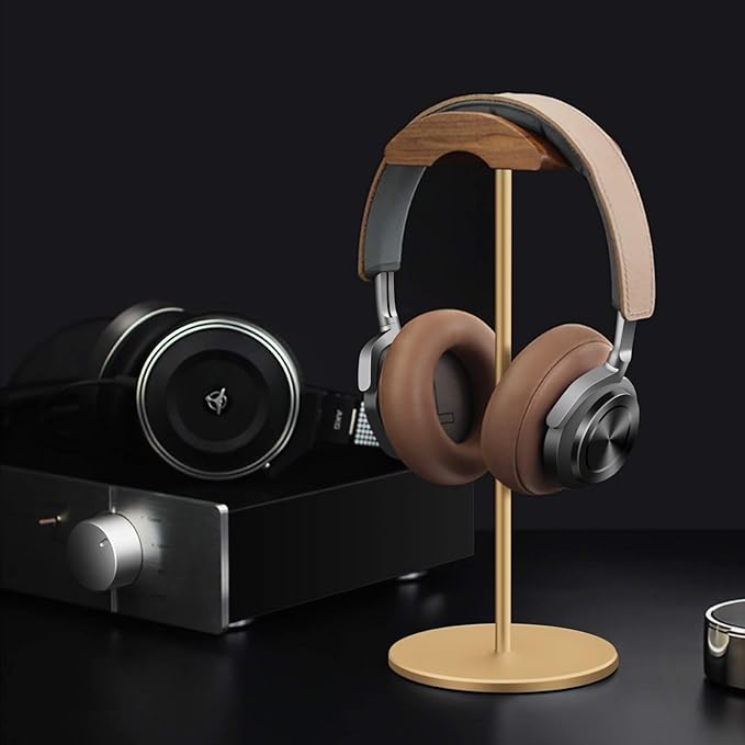 Headphone Stand, Walnut Wood & Aluminum Headset Stand, Nature Walnut Gaming Headset Holder with Solid Heavy Base for All Headphone Sizes (Gold)