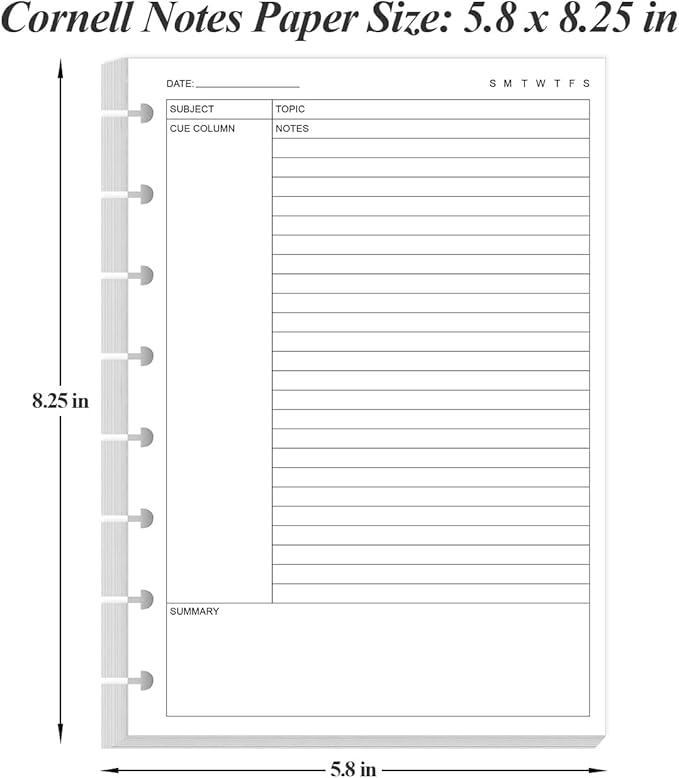 Junior Size Cornell Notes Filler Paper - A5 TUL Custom Note-Taking System 8 Disc Discbound Refill Pages, 50 Sheets/100 Pages, 100 gsm White Paper, 5.8" x 8.3"