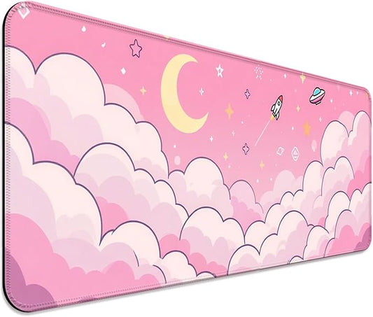 Minimalist Pink Gradient Clouds XL Large Desk Mat, Extended Long Star and Moon Desk Pad for Gaming and Office, Non-Slip Rubber Base, Comfortable Surface Sky Mouse Pad, 31.5x11.8 in