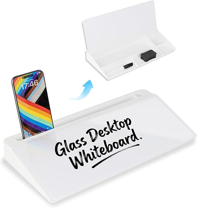 Glass Desktop Whiteboard 15.8×7”, Dry Erase Note Memo Board, Desk Organizer with Storage for Desk, Office, School Supplies, White, 2026