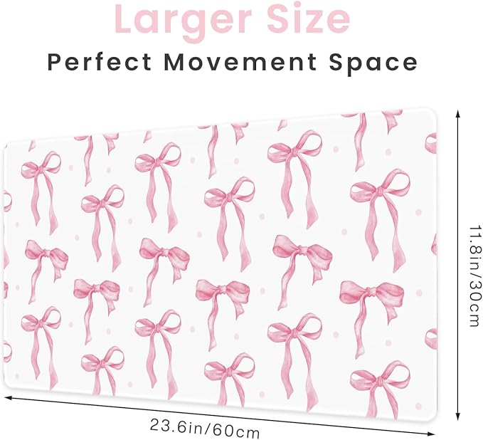 Pink and White Mouse Pad, Desk Mat Pink Bow Keyboard Mat Cute Office Accessories Computer Mat, Non-Slip Rubber Base Large Mousepad Laptop Pad, Girly Desktop Mat Office Décor 23.6 x 11.8in