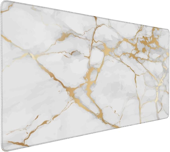 White and Gold Marble Mouse Pads XXL Extended Mousepad with Stitched Edges Non-Slip Rubber Base Computer Keyboard Pad Desk Mat for Home Office Desk Decor, 35.4" X 15.7"