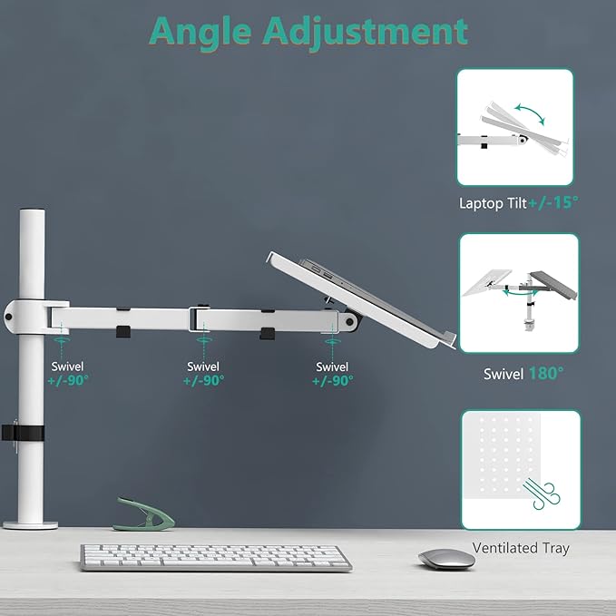 WALI Laptop Desk Mount for 17 inch Notebook, Adjustable Single Monitor Arm with Laptop Holder for 32 inch Screen, Laptops Stand with Ventilated Tray, Up to 22 Lbs, (M00LP-W), White