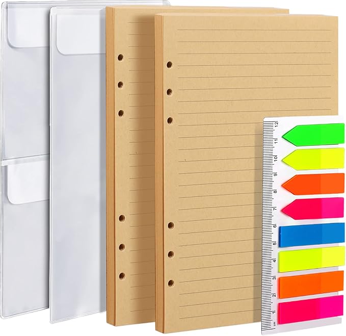 LEOBRO A5 Refill Paper, 90PCS Craft Lined Paper Refill, 6 Ring A5 Planner Insert Refill Paper for Planner Binder Notebook Journal, with Bookmarkers, Page Marker & Binder Pocket & Ruler, 5.6" x 8.2"