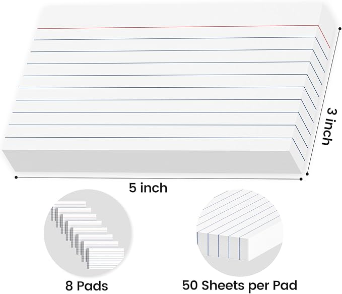 400 Count Index Cards 3x5 Inch - 180gsm Heavyweight White Flash Card (50 Sheets Each), Durable & Portable Note Taking for Students, Teachers, Study Flashcards for Office School Supplies