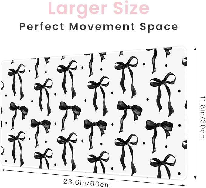 Black Bow Mouse Pad Large, Desk Mat Black and White Desk Computer Mat, Non-Slip Rubber Base Gaming Mousepad Keyboard Mat Laptop Pad, Desktop Mat Bows Office Accessories Desk Decor 23.6 x 11.8in