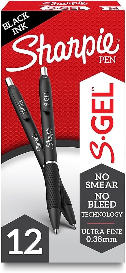 Sharpie S-Gel Gel Pens Ultra Fine Point (0.38mm) Black,12 Count (Pack of 12)