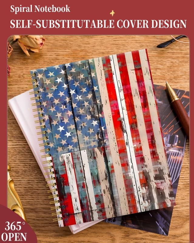 Spiral Journal Notebook for Women,A5 College Ruled Notebooks 6"x 8.4", 120 Pages (60 Sheets) Lined Journal with Premium Thick Paper,Perfect for School Office Home(Old American Flag)