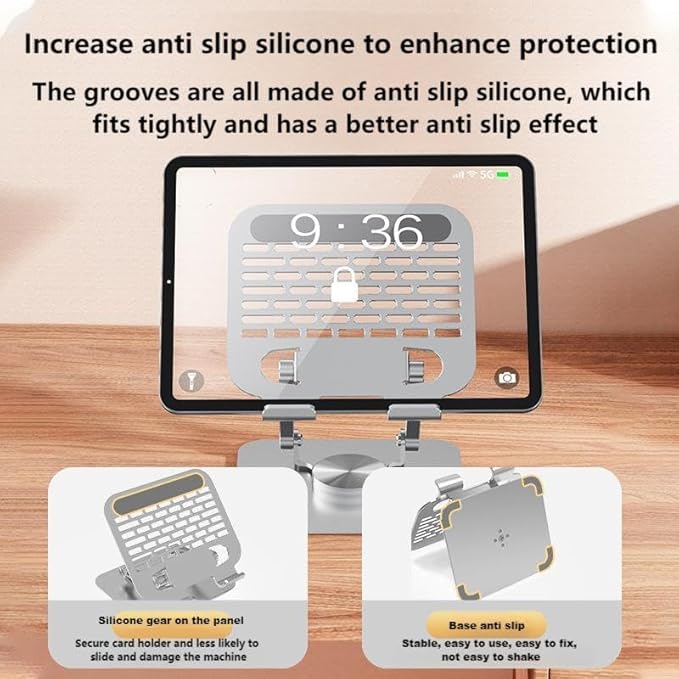 Adjustable Tablet Stand with 360° Rotating Base, Aluminum Dual-Rod Support, Compatible with iPad Pro/Air/Mini Silver Grey