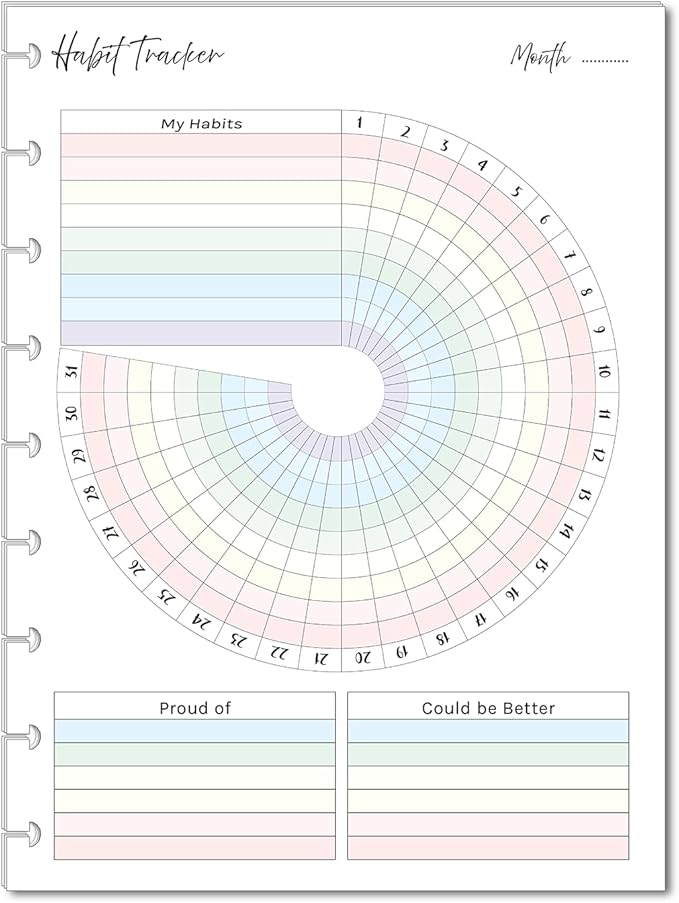 Color Habit Tracker Inserts for 9-Disc Discbound Planners Resolution Tracker, Habit Log, Habit Planner Fits 9-Disc (7 x 9.25 inches) Classic Happy Planner, NOTIQ Midi 9-Disc (L2), Ink (9-Disc Classic)