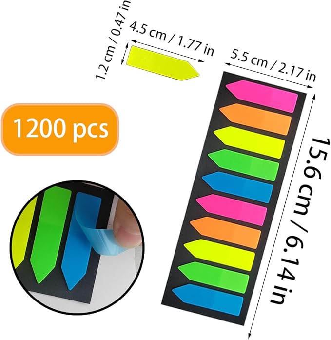 1200 Pcs Arrow Fluorescent Translucent Sticky Note Flags, Sticky Index Tabs, Translucent Arrow Flags, Small Sticky Notes Flag, Page Markers for Annotating Books(5 Colors, 6 Sets)