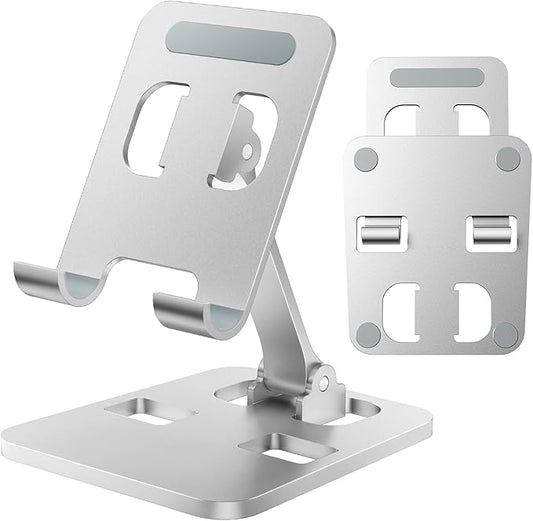 Phone Stand for Desk, Dual Folding Cell Phone Holder, Fully Adjustable Portable Mobile Phone Holder for iPhone 17 16 15 14 13 12 11 Pro Max Plus Air, Galaxy S25 S24, All Phones (Silver)