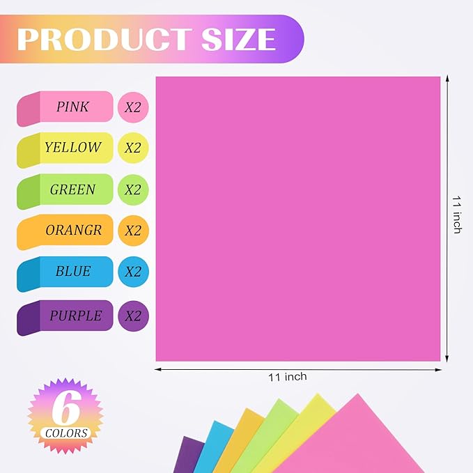 Zubebe 24 Pads 11 x 11 Inch Large Sticky Notes Jumbo Bright Colors Sticky Notepads Self Stick Note Square Memo Post Stickies for Office School, 25 Sheets/pad
