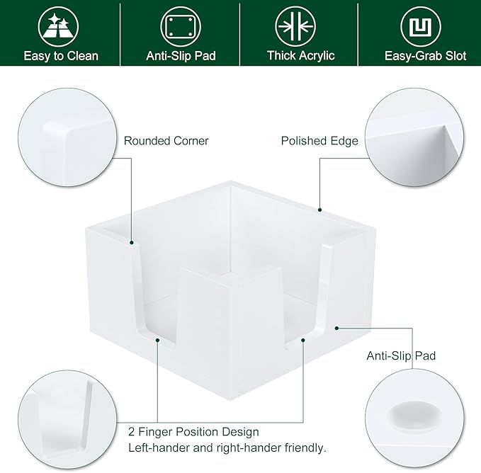 Acrylic Sticky Note Holder, Self-Stick Note Pad Holder W/O Pads - Note Dispenser Memo Pad Holder Desk Organizer for School Office Home (3''x3'' White - 2 Pack)