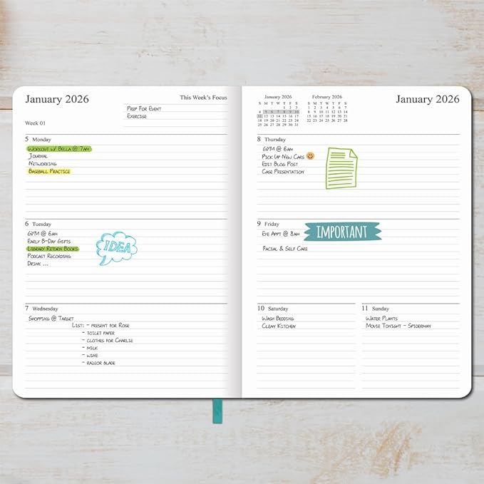 2026 Planner - Weekly and Monthly Planner, Jan 2026 - Dec 2026, Vegan Leather Cover, Elastic Closure, 8.5"x11", Teal