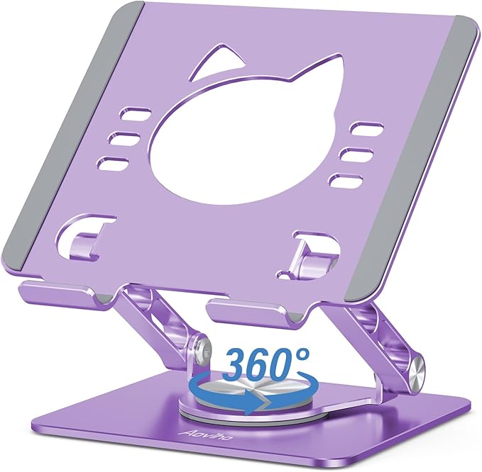 Tablet Stand 360° Rotating Aluminum Holder - Adjustable, Portable & Foldable Monitors Stand for iPads, Compatible with 4-13.3" Tablets, Purple