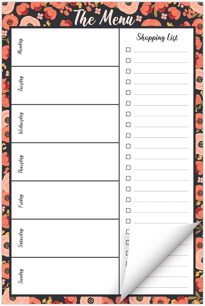 Global Printed Products 6" x 9" Vertical Meal Planning Pad, 60-Sheets, Peach & Pink Floral
