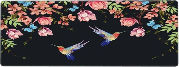 Hummingbirds and Flowers Large Mouse Pad with Stitched Edges Long Non-Slip Rubber Base Mousepad Laptop Keyboard Mat Desk Pad for Office Home Desk Decor, 31.5" X 11.8"